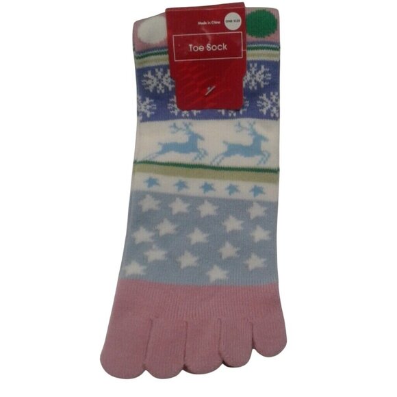 Reindeer One Size Womens Teens Colorful Toe Socks Snowflake Star Pattern NEW - Picture 1 of 4